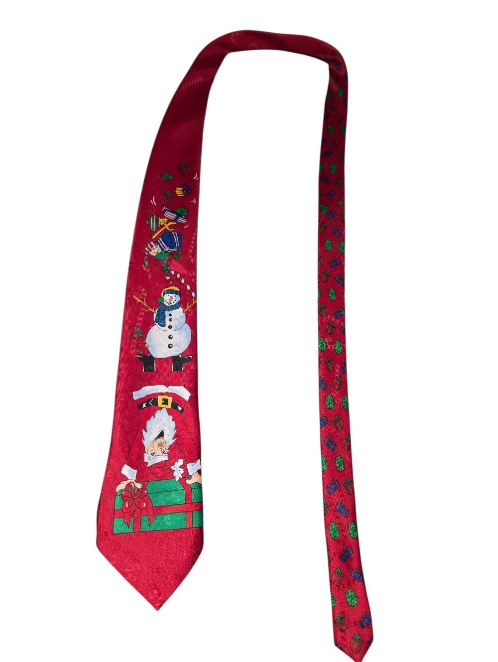 6/8/44.Mens Yule Tie Greetings Festive Red Holiday Tie with Snowman & Gift Motif